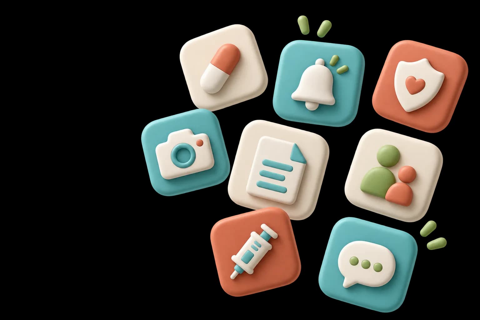 Soft 3D tiles for medicines, reminders, safety, scanning, records, family, vaccinations and questions