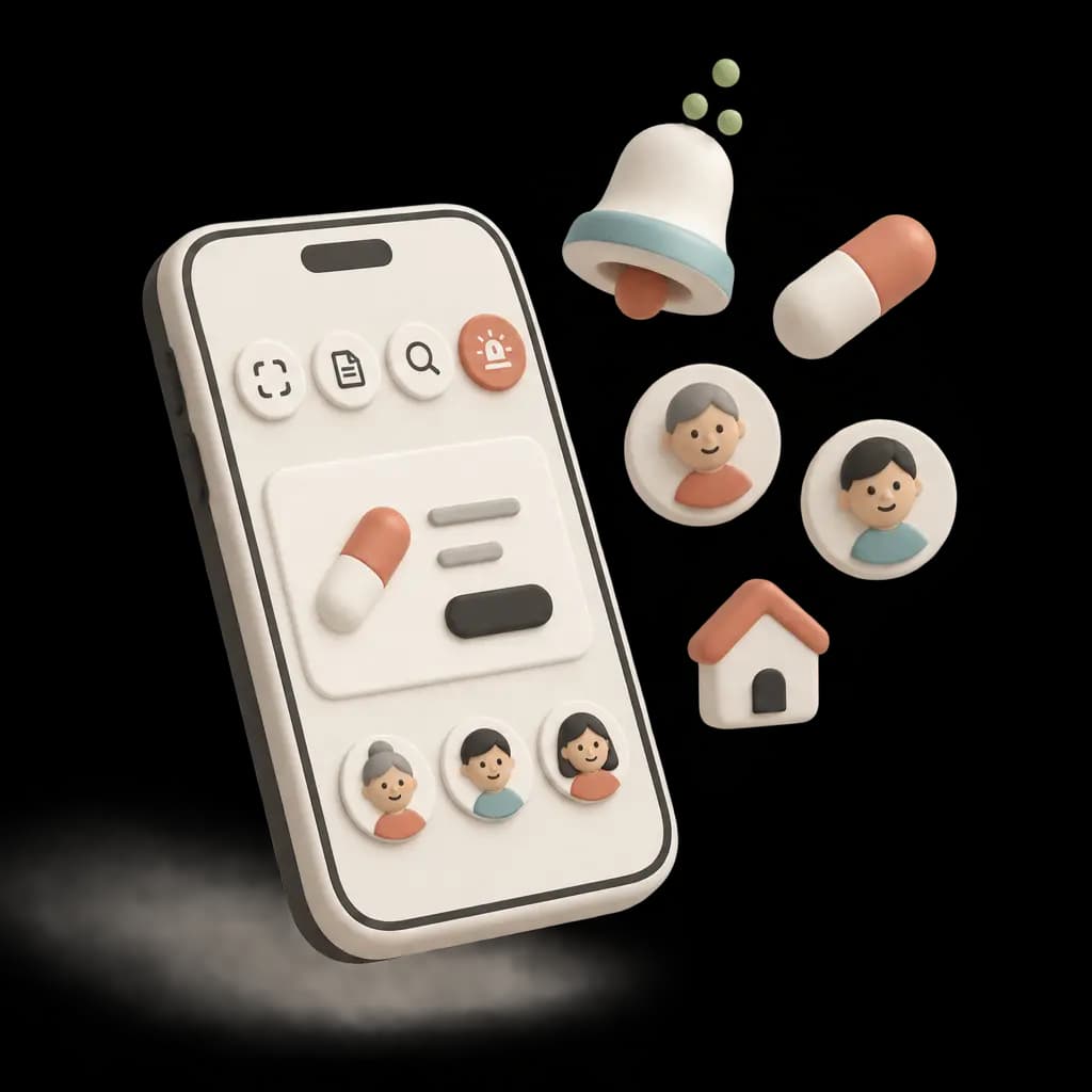 The Medidibba home screen: today’s dose, quick actions and family profiles